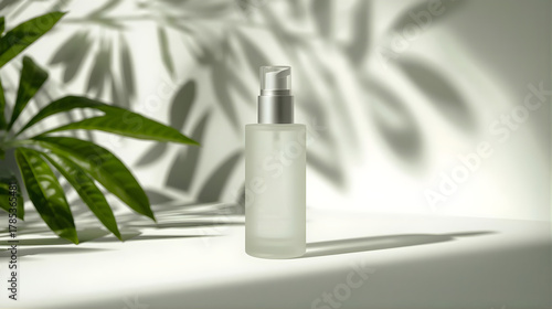 a bottle of facial mist on a table next to a plant