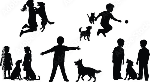 Children and dog silhouette illustration, playful interaction, joyful moments, black vector, pet companionship, outdoor activity, friendship concept, animal bonding, family scene