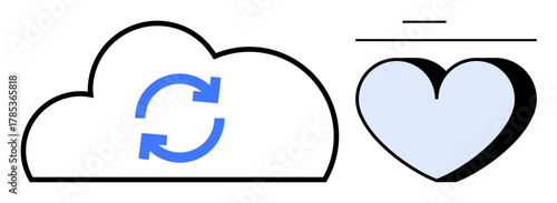Cloud with blue synchronization arrows beside a stylized heart shape. Ideal for storage, cloud computing, data exchange, connection, synchronization, sharing, teamwork. Simple flat metaphor