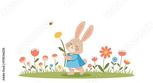 A cute cartoon rabbit walks through a vibrant spring flower field, happily holding a large yellow flower while a small bee flies overhead.