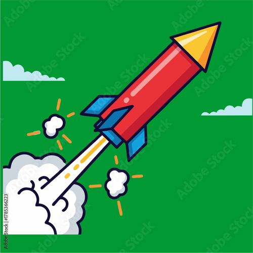 A vibrant illustration of a red and yellow rocket launching into a clear green sky, leaving a trail of white smoke and sparks