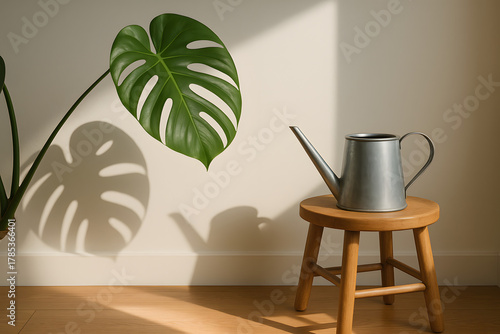 Minimal Home Interior – Sunlit Corner with Monstera Plant, Watering Can, and Warm Floor Light Patch