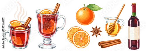 水彩のホットワインと材料のイラストセット,グリューワイン,オレンジ,シナモン,冬の飲み物,クリスマス,ベクター