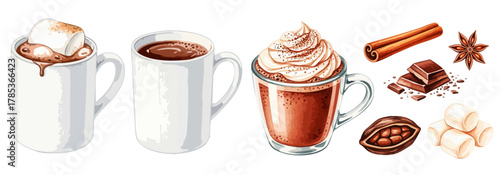 水彩のホットチョコレートと材料のイラストセット,ココア,マシュマロ,冬の飲み物,スパイス,ベクター