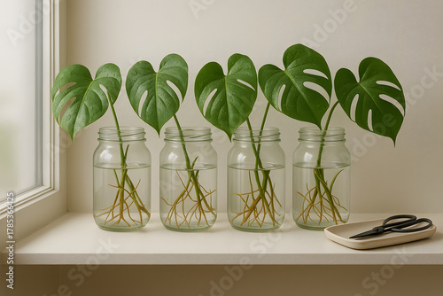 Row of Glass Jars with Pothos and Monstera Cuttings Showing Roots and Misted Leaves in Soft Window Light