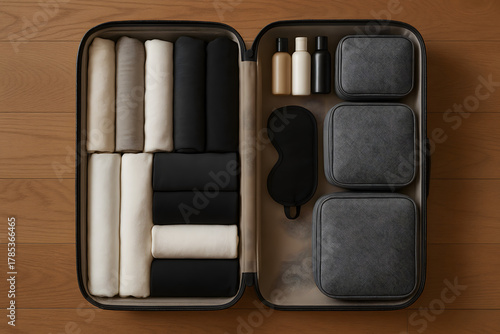 Minimal Travel Flat Lay – Neatly Packed Luggage with Eye Mask, Cubes, and Neutral Accessories in Clean Composition