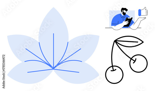 Floral abstract with soft tones, cherry outline, and man holding a tablet expressing approval. Ideal for nature, digital interaction, wellness, minimalism, technology, creativity and simplicity