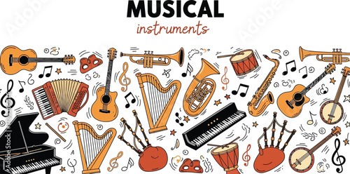 Assorted Musical Instruments Piano Harp Guitar Saxophone on White Background