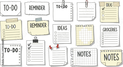 Assorted ToDo Lists, Notes, Reminders, & Idea Paper Sheets Isolated on White
