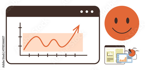 Graph with upward trend, orange happy face, charts, and reports signifying progress, optimism, and efficient strategy. Ideal for success, positivity, business growth analytics productivity