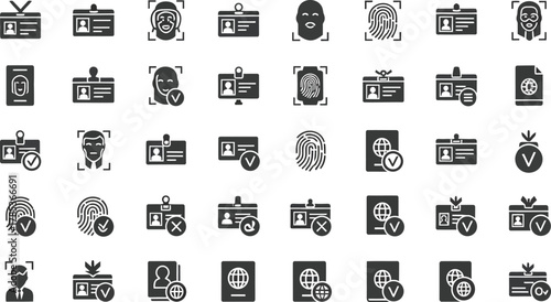 Biometric Identity Icons Set Face Recognition, Fingerprint Scan, ID Card & Passport