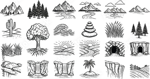 Black and White Hand Drawn Landscape Elements Illustration, Mountain, Tree, Wave, Cactus