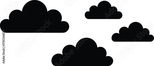 Cloud silhouette set, black fluffy clouds, cartoon style, weather icons, atmospheric shapes, vector illustration, sky elements, graphic design assets