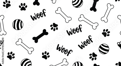 Black and White Pattern Featuring Dog Paw Prints, Bones, Balls, and Woof Text on white background