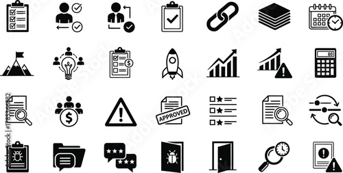 Black Business Icons Set, Checklists, Graphs, Bug Report, Teamwork, on Transparent