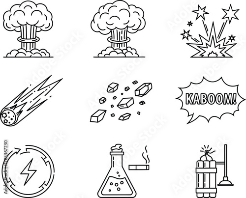 Black Line Art Icons Representing Explosion, Energy, Science, and Destruction