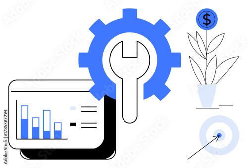 Gear with wrench, chart screen, money plant, and target representing strategy, productivity, growth, investment, business development financial success efficiency. Ideal for simple flat metaphor