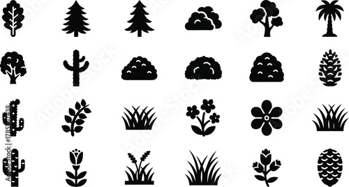 Black Tree, Plant, Flower, Grass, Cactus, Pinecone Silhouette Icons Isolated on White