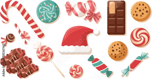 A festive assortment of colorful candies and sweets, including a Santa hat, chocolate, and cookies, perfect for holiday celebrations and treats.