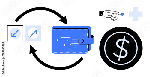 Wallet with circuit, dollar sign, arrows, coins, and hand. Ideal for fintech, technology, payment investment money transfer cryptocurrency savings. Simple flat metaphor