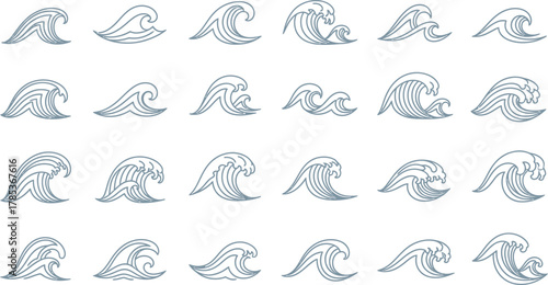 Blue Wave Line Art Set on White Background, Ocean Waves Icons