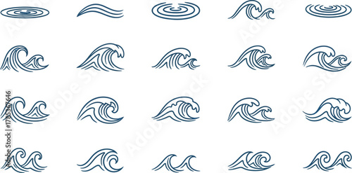 Blue Wave Pattern Set, Ripple, Water Surface Design Elements Isolated on White