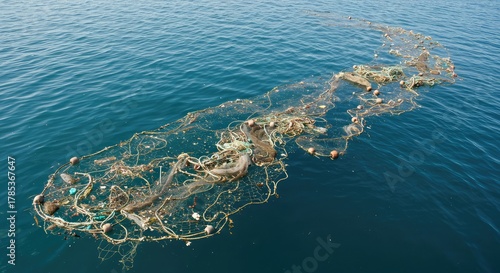 Discarded fishing net entangled with debris drifts sadly in deep blue ocean waters, highlighting marine pollution and environmental crisis