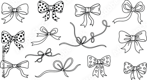 Bows Set in Doodle Style with Polka Dots, Hearts, and Simple Lines on Transparent