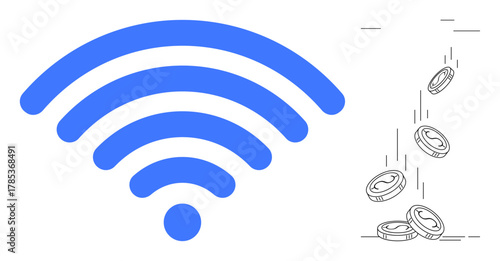Large blue wireless signal next to coins in motion. Ideal for internet cost, connectivity, online income, digital investment, fintech, e-commerce, remote work. Simple flat metaphor