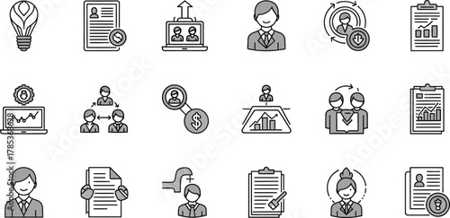 Business People Icons, Line Style Featuring Teamwork and Analytics