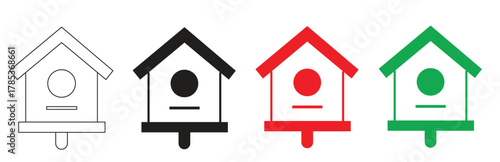 Four birdhouse designs in different colors outline, black, red, and green