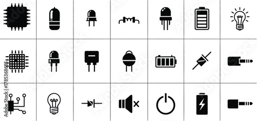 Collection of various electronic components and symbols arranged in a grid pattern on white background
