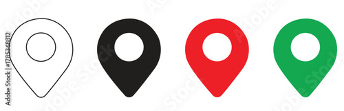 Four location pin icons, including outline, solid black, red, and green, representing map markers or points of interest