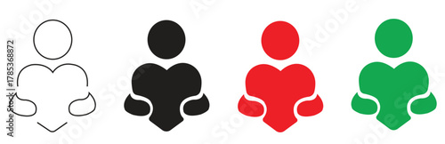 Set of four icons representing a person holding a heart in different colors outline, black, red, and green