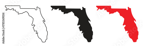Three icons representing the state of florida in different styles outline, black silhouette, and red silhouette