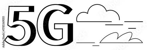 Bold 5G text with abstract cloud and signal lines symbolizing fast wireless internet, advanced communication, and digital transformation. Ideal for technology, communication, innovation, mobility