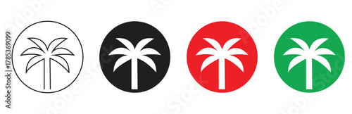 Collection of four palm tree icons in various styles including outline, black, red, and green circles