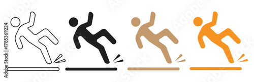 Set of four stylized icons depicting a person slipping and falling