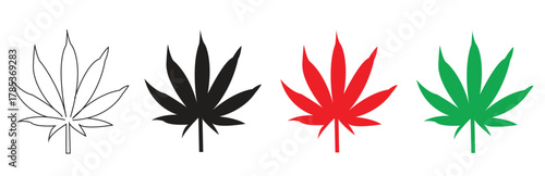 Four cannabis leaf icons in different colors and styles, including outline, black, red, and green, isolated on a