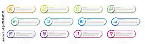 Bullet points numbers from 1 to 12 list markers for workflow, process presentations, business, education, progress