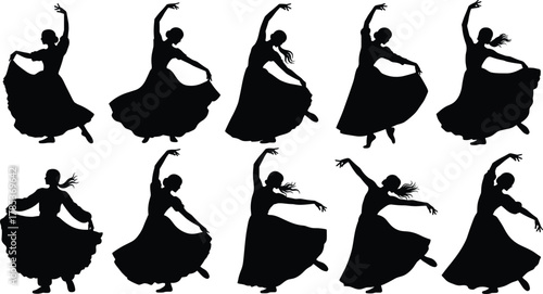 Dancer silhouette illustration, flowing skirt poses, graceful movement, expressive arms, black vector, dance routine, artistic style, elegance, fashion concept