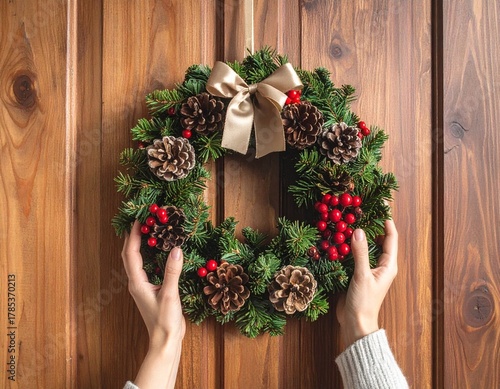 Hands Hanging Christmas Wreath on Door