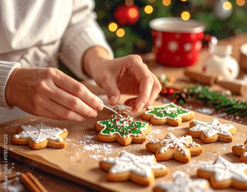 Hands Decorating Christmas Cookies with Icing