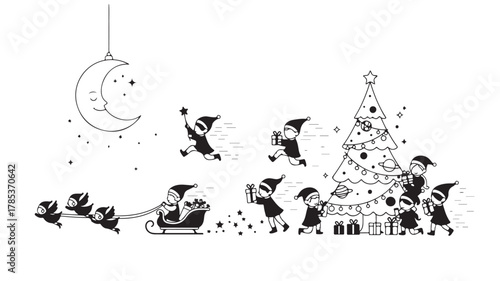 Black and white cat and mouse cartoon illustration with Christmas tree and winter holiday snow decoration