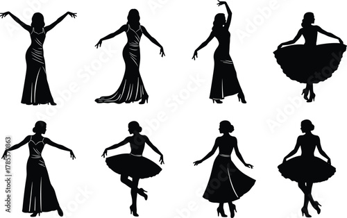 Female dancer silhouette, elegant pose, flowing dress, ballet motion, ballroom style, graceful movement, black figure, artistic design, vector illustration
