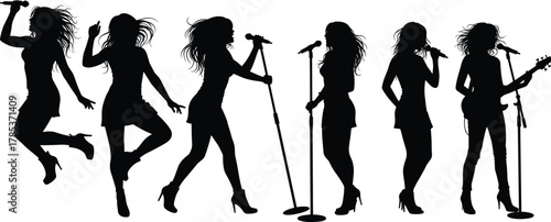 Female singer silhouette, music performance, stage pose, microphone, guitar, concert energy, black vector, entertainment icon, dancing, expressive movement