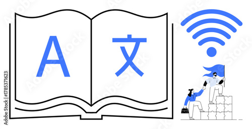 Open book with language symbols, large wireless signal. Team collaborative effort climbing stairs. Ideal for language learning, connectivity, teamwork, education, global communication, innovation