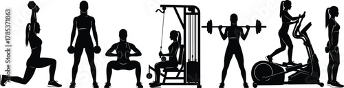 Gym workout silhouette, fitness training, strength exercise, cardio routine, dumbbell lifting, barbell squat, elliptical machine, cable pull, healthy lifestyle, gym activity
