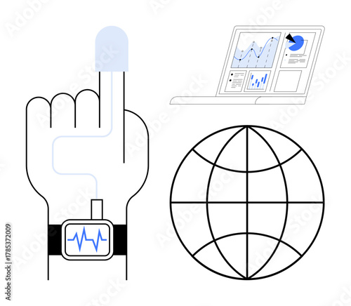 Hand wearing a smartwatch connected to a fingertip sensor measuring vital data, screen displaying analytics, and globe symbolizing worldwide connectivity. Ideal for health monitoring, telemedicine