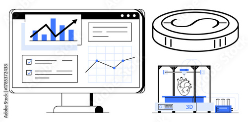 Computer screen with data charts and analytics, coin symbolizing financial growth, 3D printer creating heart object. Ideal for technology, business, finance, medical innovation, progress, analysis